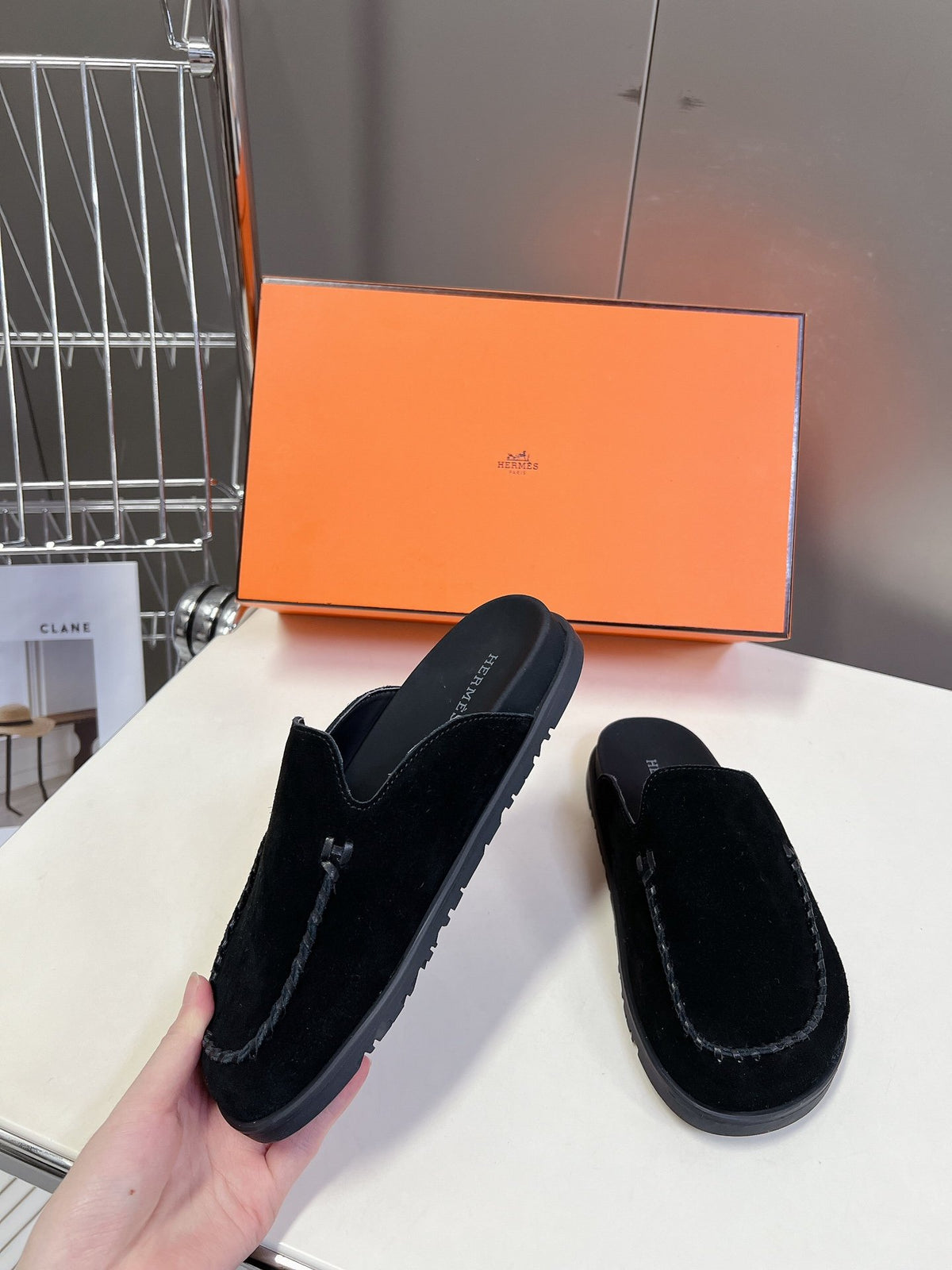 Hermes Women Black Suede Slippers
