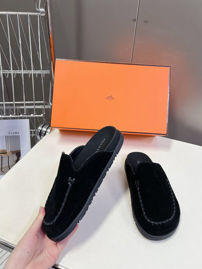 Hermes Women Black Suede Slippers