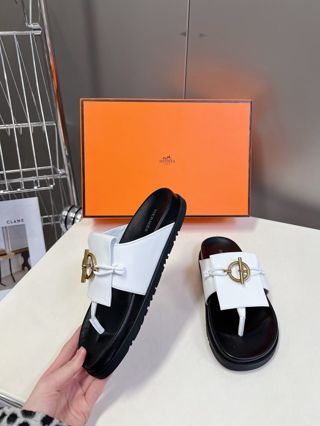 Hermes Women White Leather Black Sole Sandals