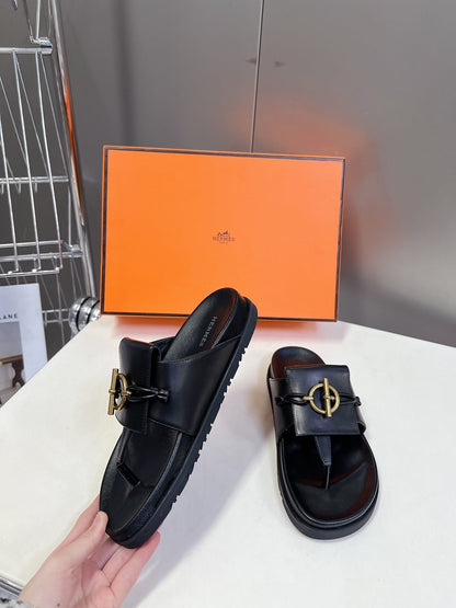 Hermes Women Black Leather Sandals