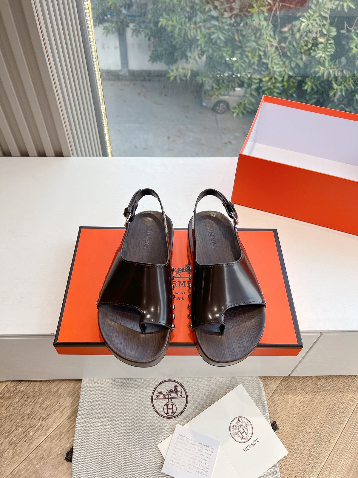 Hermes Women Dark Brown Leather Slingback Sandals