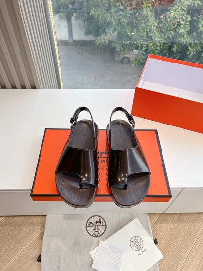 Hermes Women Dark Brown Leather Slingback Sandals