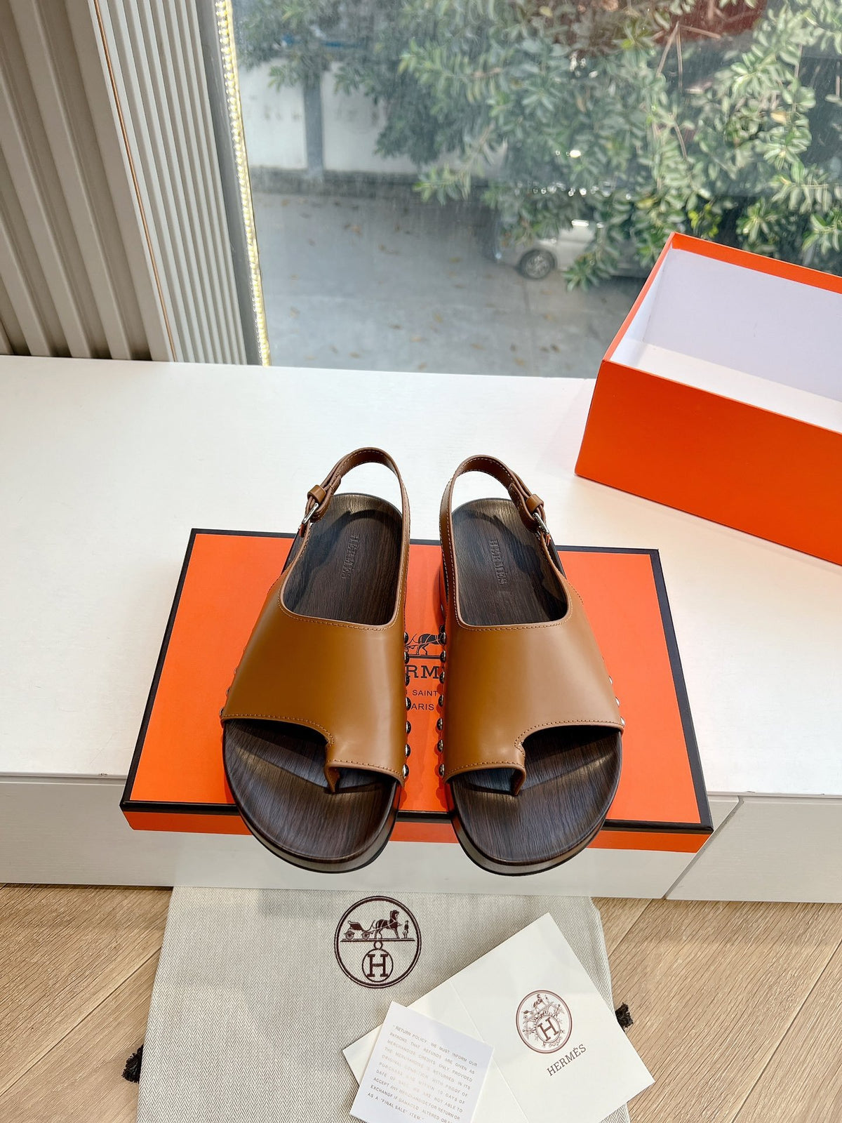 Hermes Women Brown Leather Slingback Sandals