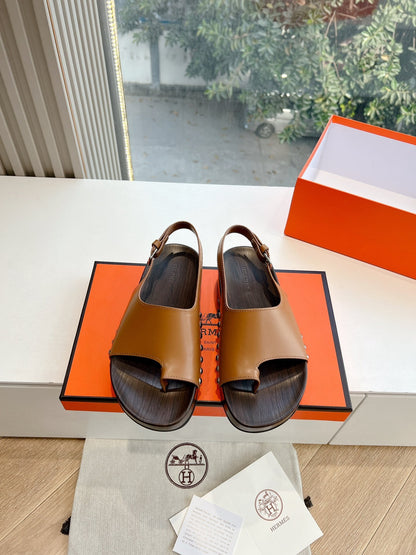 Hermes Women Brown Leather Slingback Sandals