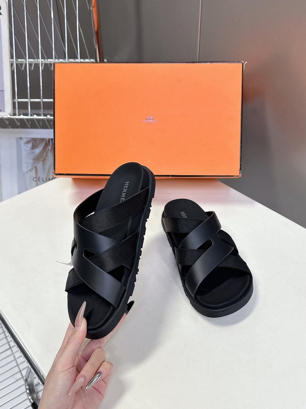 Hermes Women Black Leather And Fabric Sandals