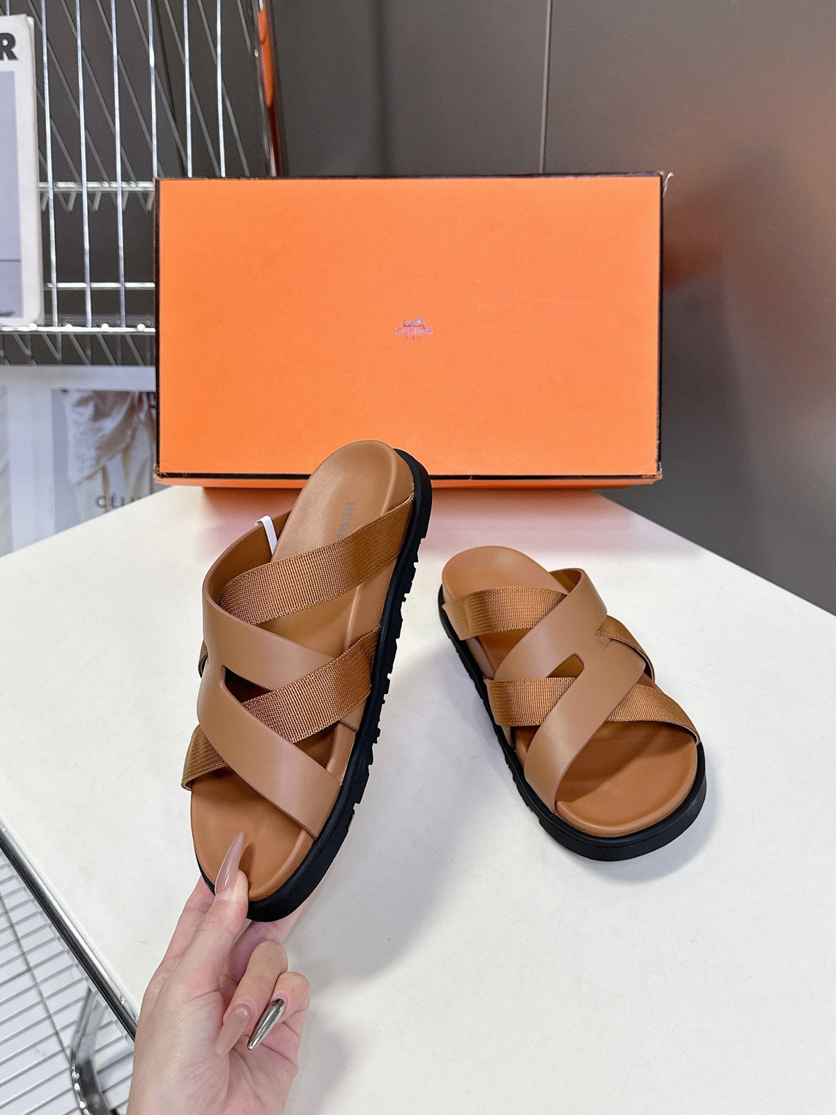 Hermes Women Tan Leather And Fabric Sandals