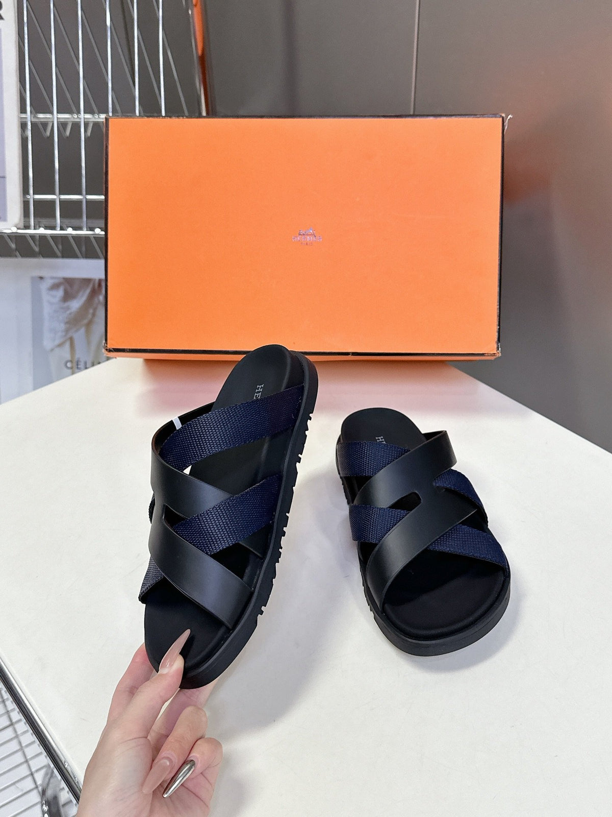 Hermes Women Navy Blue Leather And Fabric Sandals