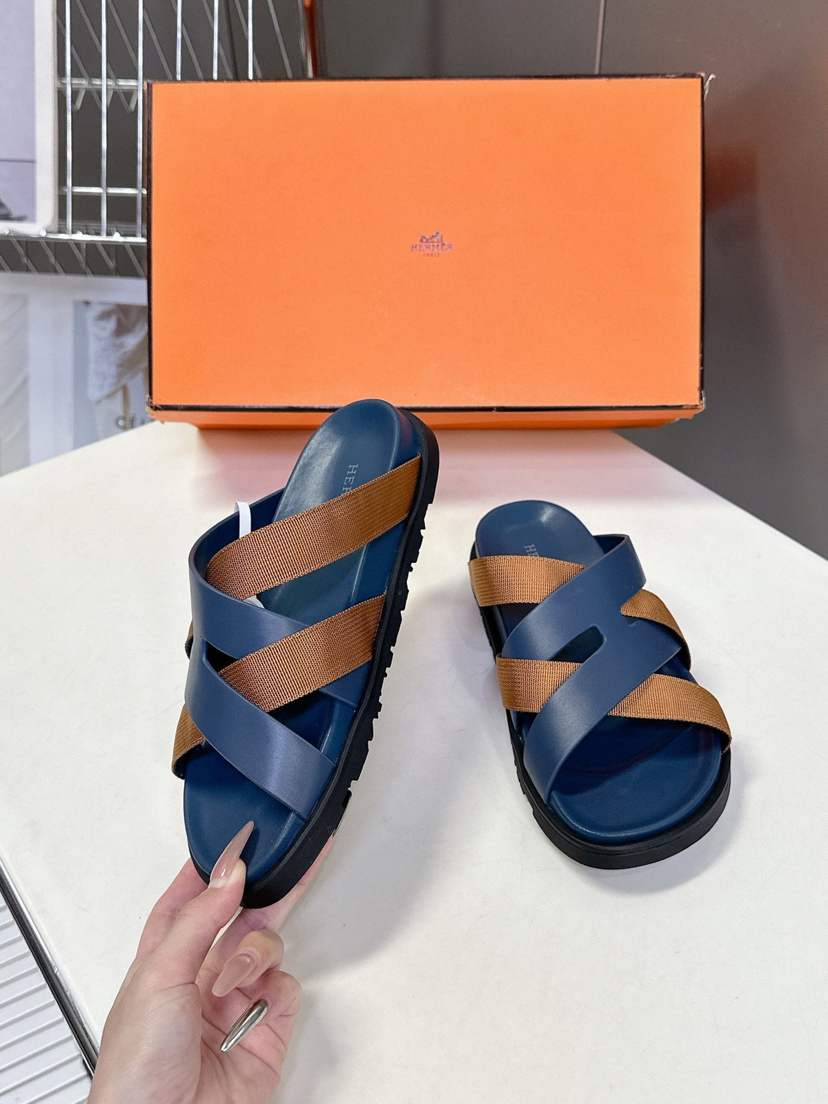Hermes Women Navy Blue Leather And Brown Sandals