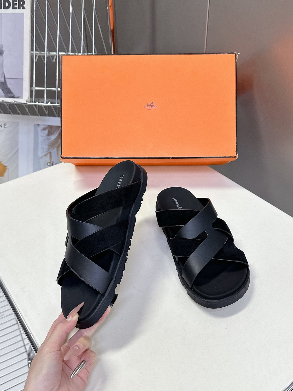 Hermes Women Black Leather Suede Sandals