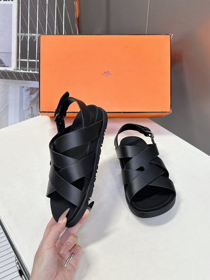 Hermes Women Black Leather Strappy Sandals