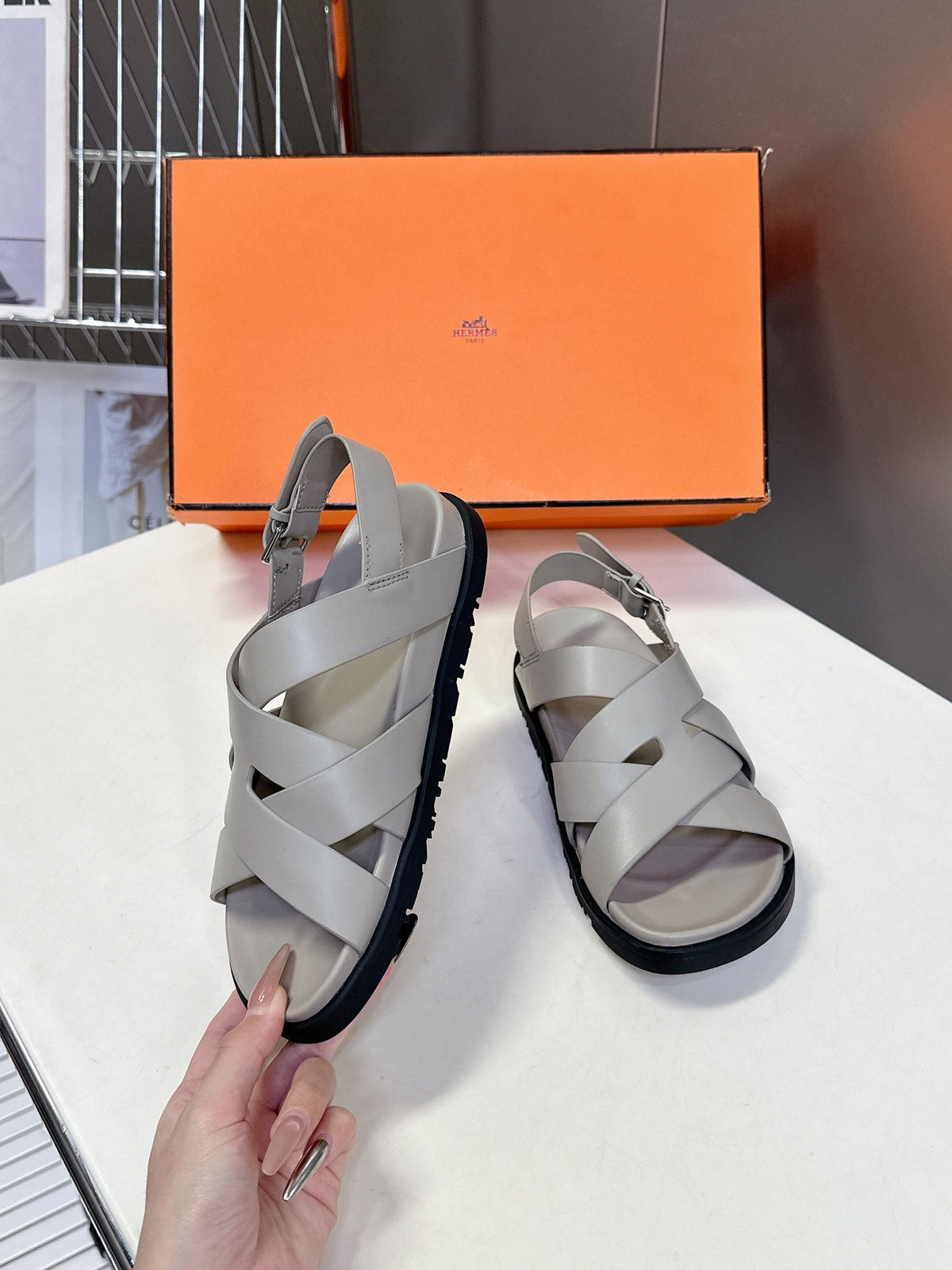 Hermes Women Light Gray Leather Sandals