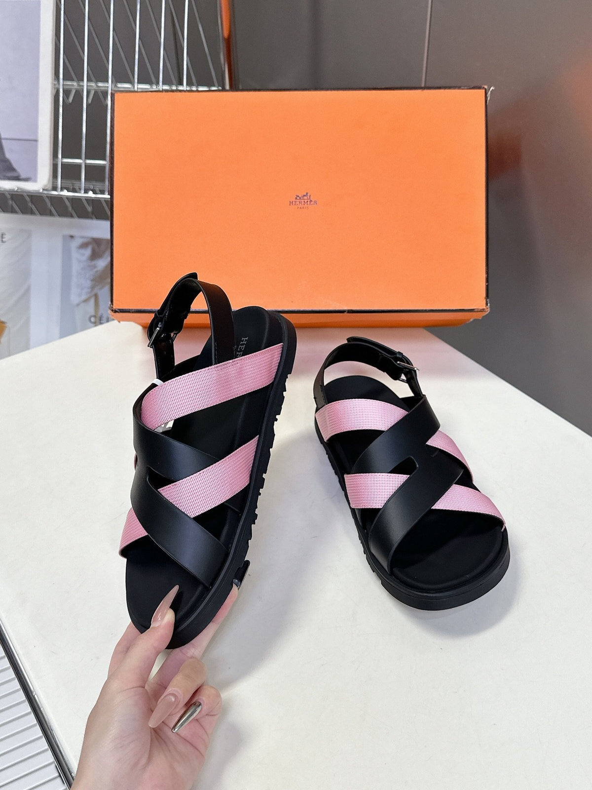 Hermes Women Black Pink Leather Strappy Sandals