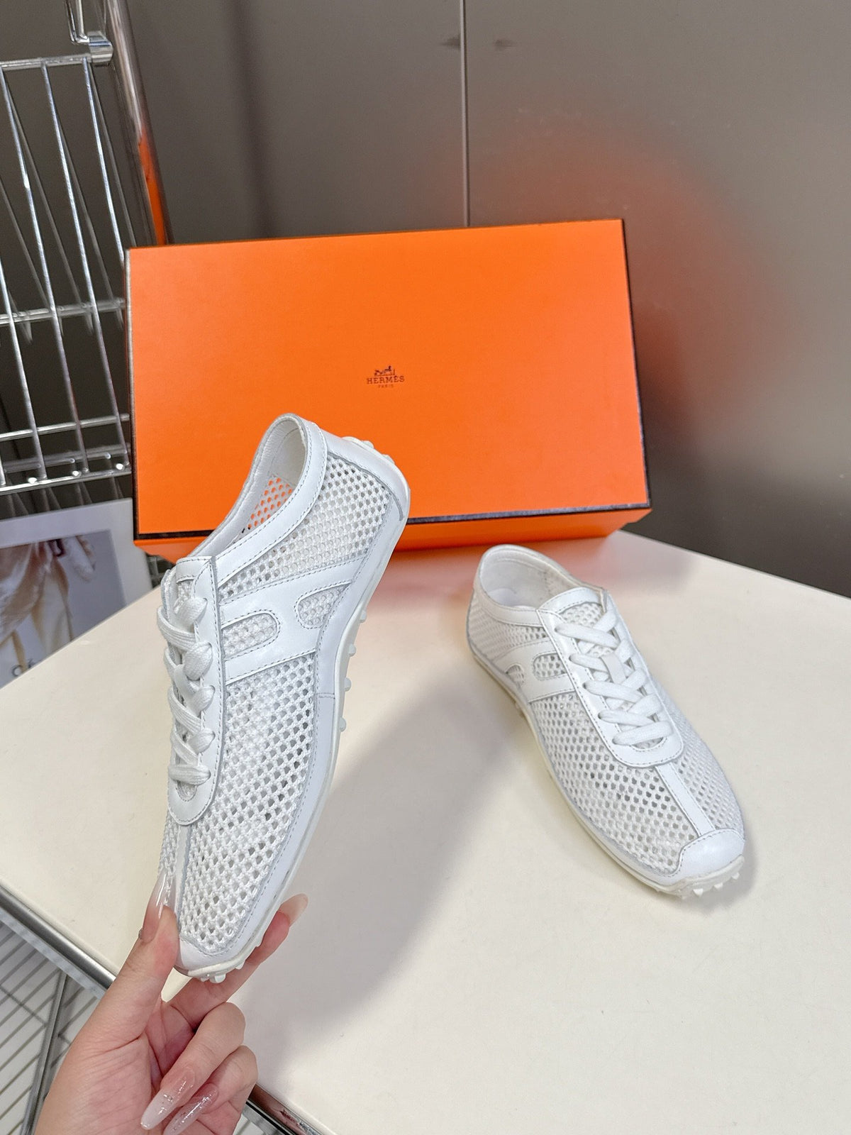 Hermes Women White Mesh Leather Sneakers