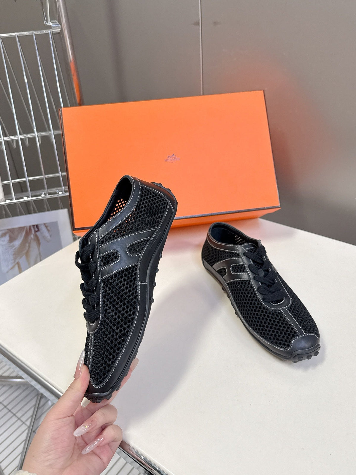 Hermes Women Black Mesh Leather Sneakers