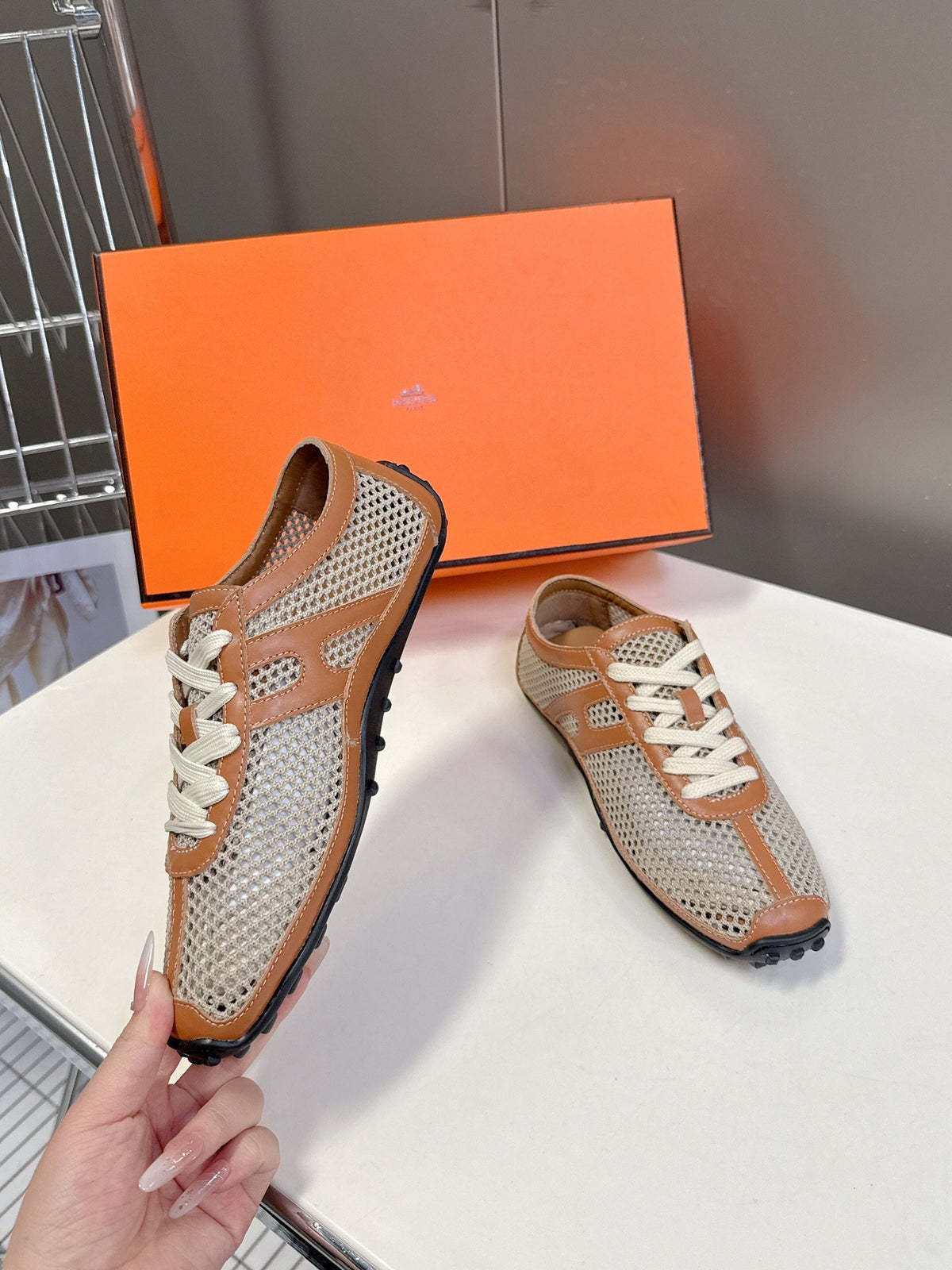 Hermes Women Beige Mesh And Tan Leather Sneakers