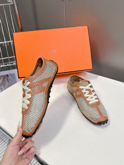 Hermes Women Beige Mesh And Tan Leather Sneakers