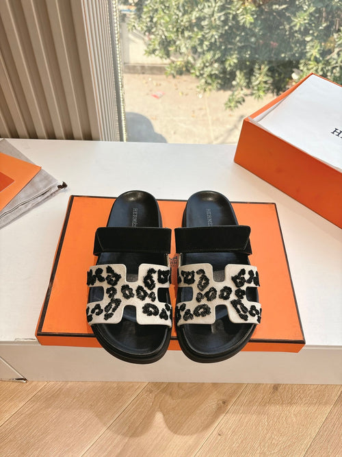 Hermes Women Black Suede And Leopard Print Sandals