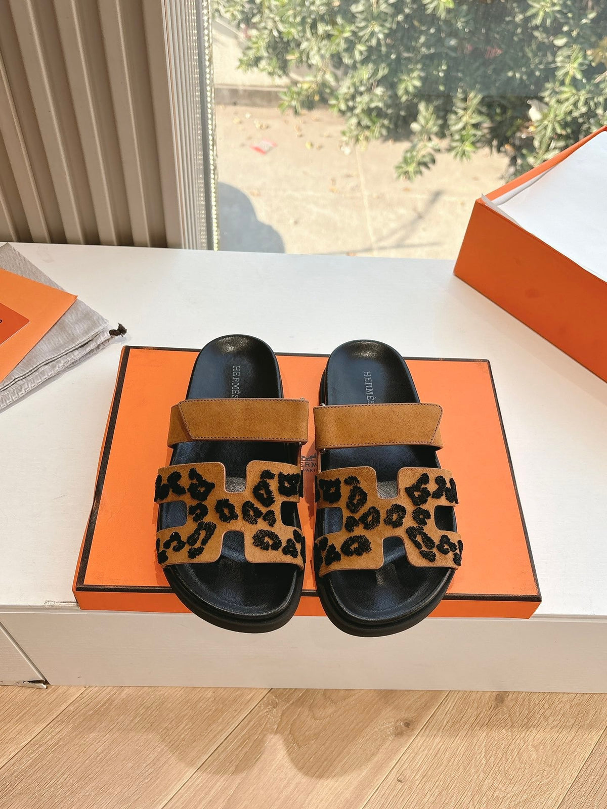 Hermes Women Tan Suede Leopard Print Slippers