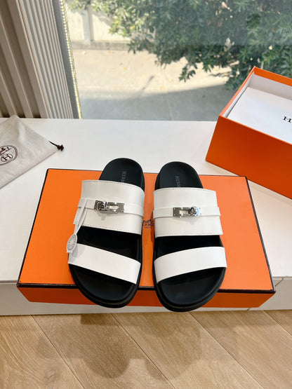 Hermes Women White Leather Straps Flat Sandals