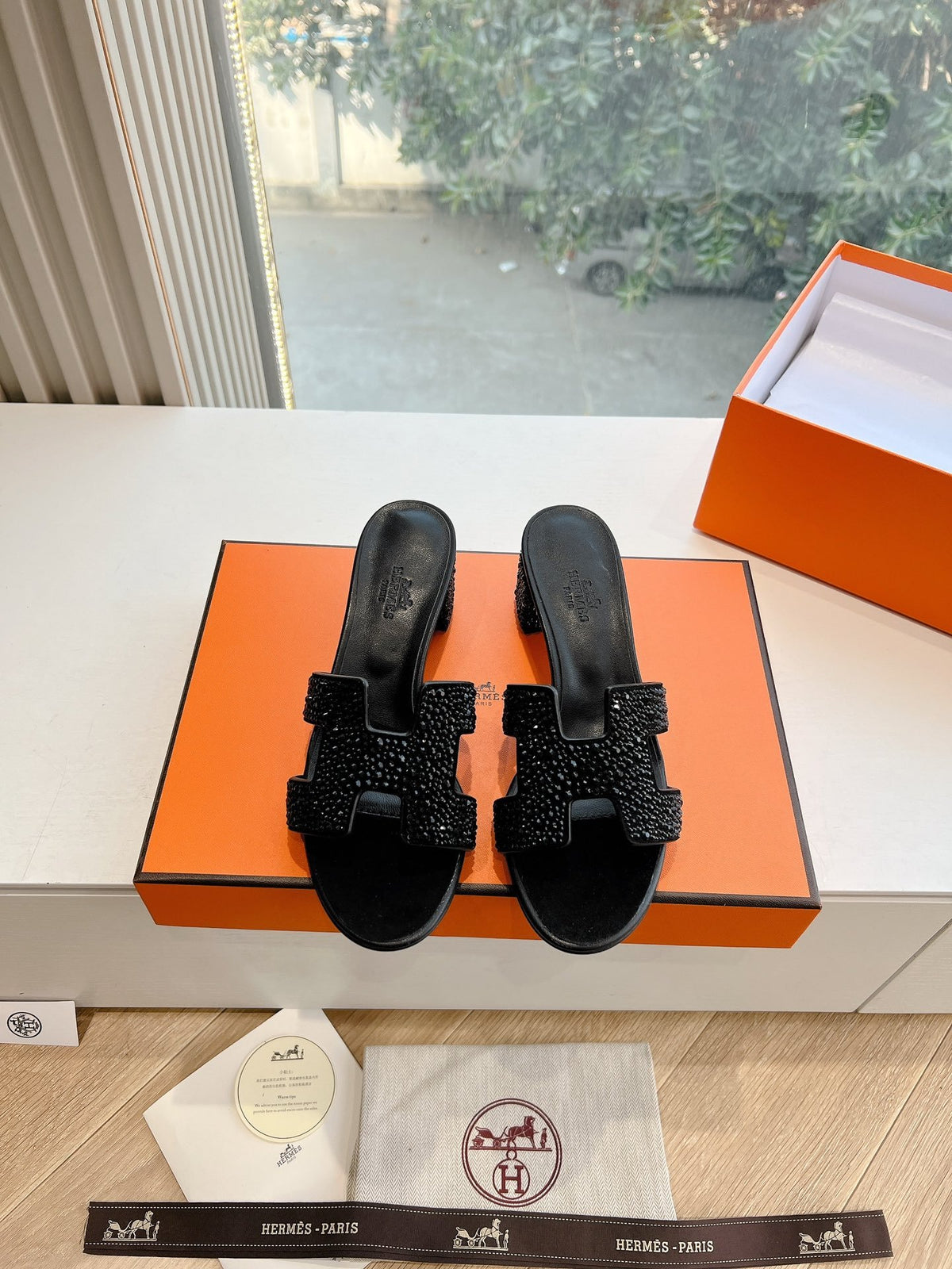 Hermes Women Black Embellished Leather Mules