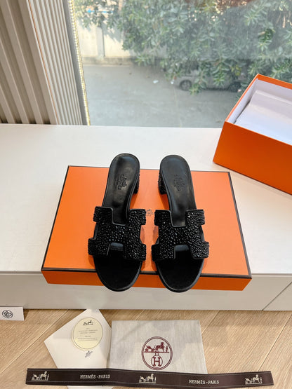 Hermes Women Black Embellished Leather Mules