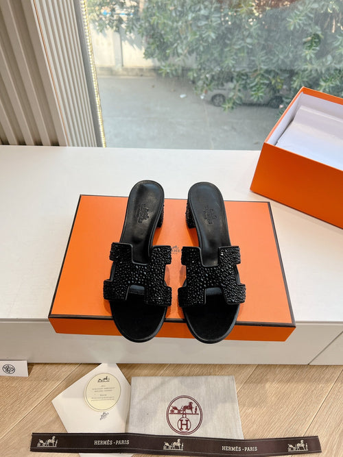 Hermes Women Black Embellished Leather Mules