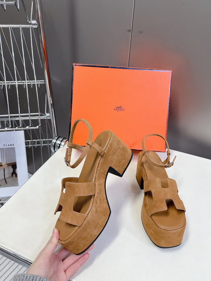 Hermes Women Tan Suede Platform Sandals