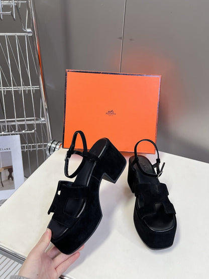 Hermes Women Black Suede Slingback Sandals