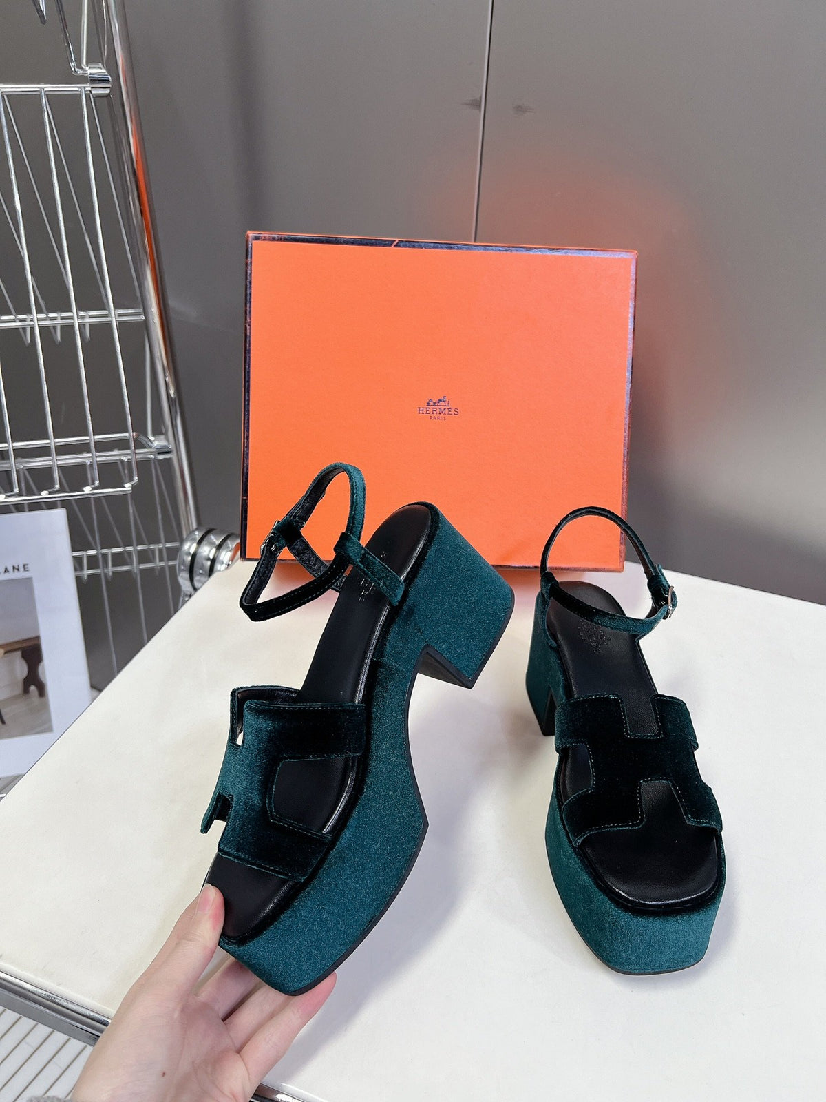 Hermes Women Dark Green Velvet Sandals