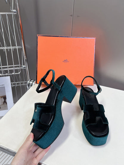 Hermes Women Dark Green Velvet Sandals