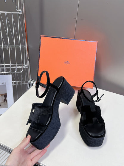 Hermes Women Black Suede Leather Sandals