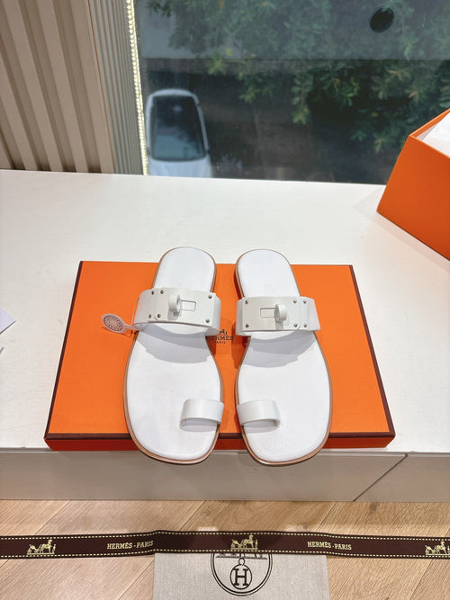 Hermes Women White Leather Flat Sandals