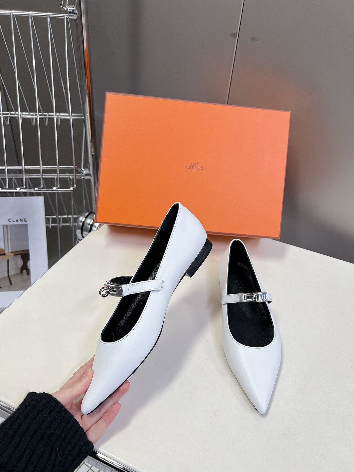 Hermes Women White Leather Pointed Mary Jane Flats