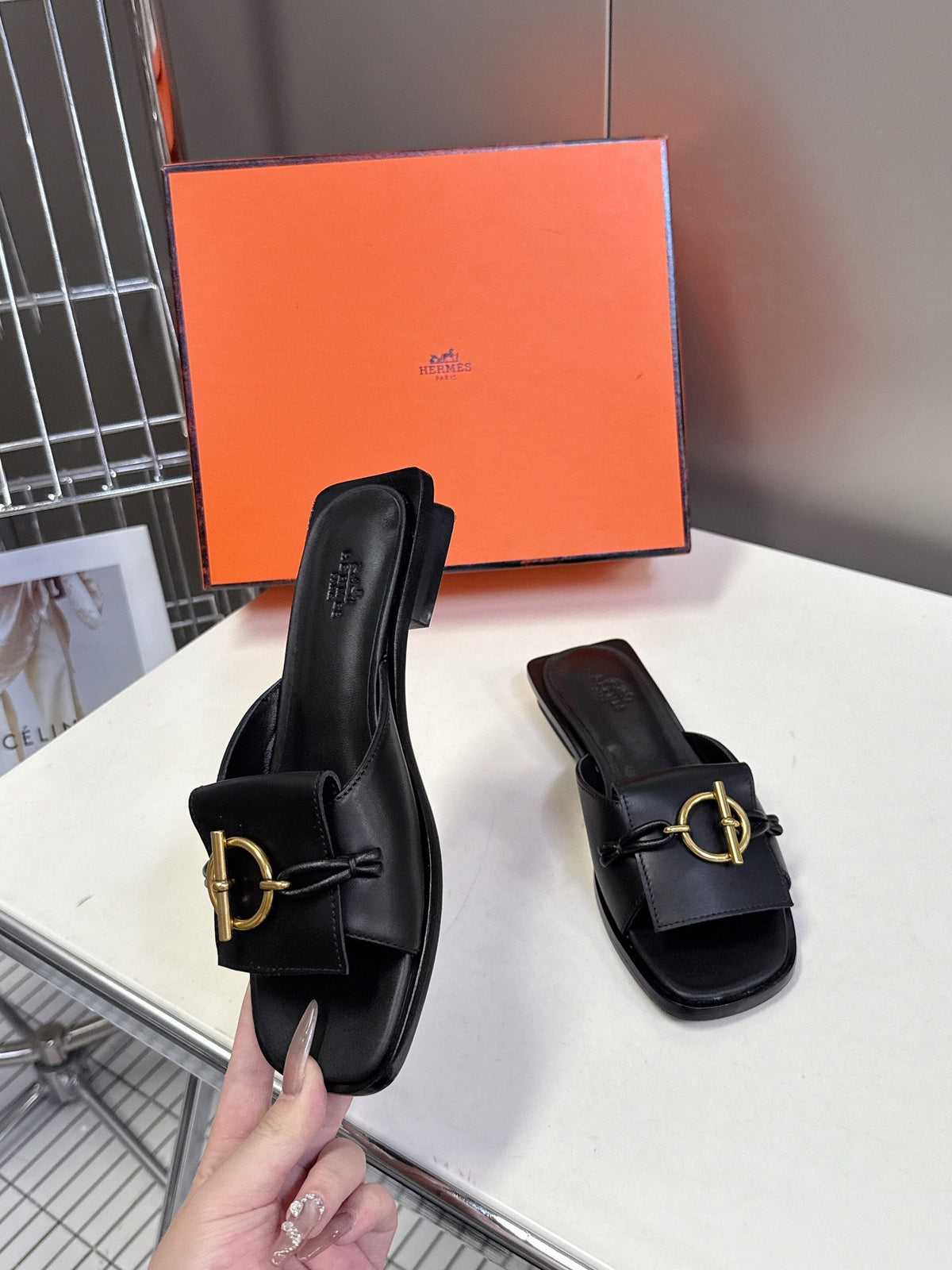 Hermes Women Black Leather Slippers