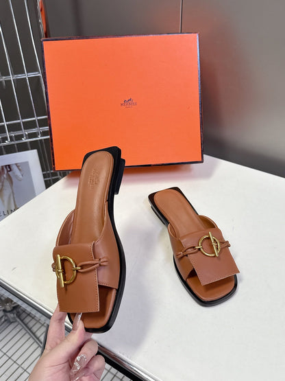 Hermes Women Brown Leather Flat Mules