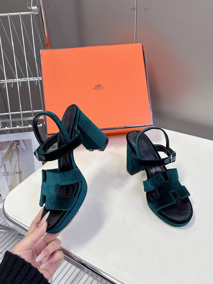 Hermes Women Dark Green Suede Sandals