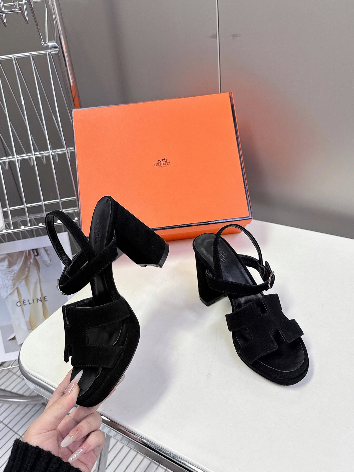 Hermes Women Black Suede Sandals