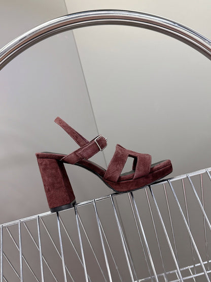 Hermes Women Burgundy Suede Heels