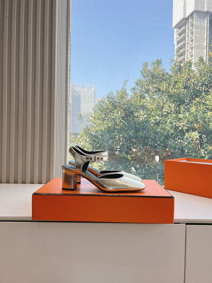 Hermes Women Silver Leather Square Toe Heels