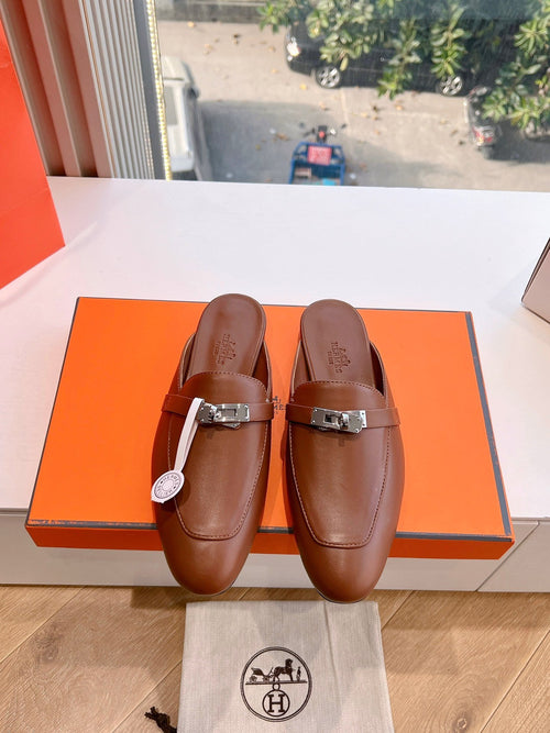Hermes Women Brown Leather Slip On Mules