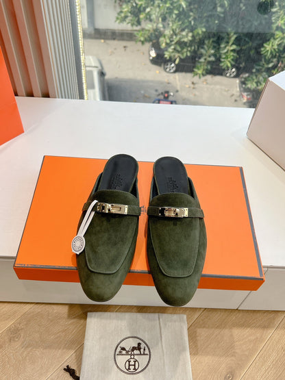 Hermes Women Green Suede Mules