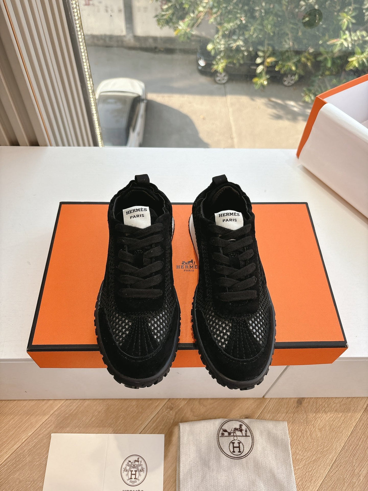 Hermes Women Black Suede Mesh Sneakers