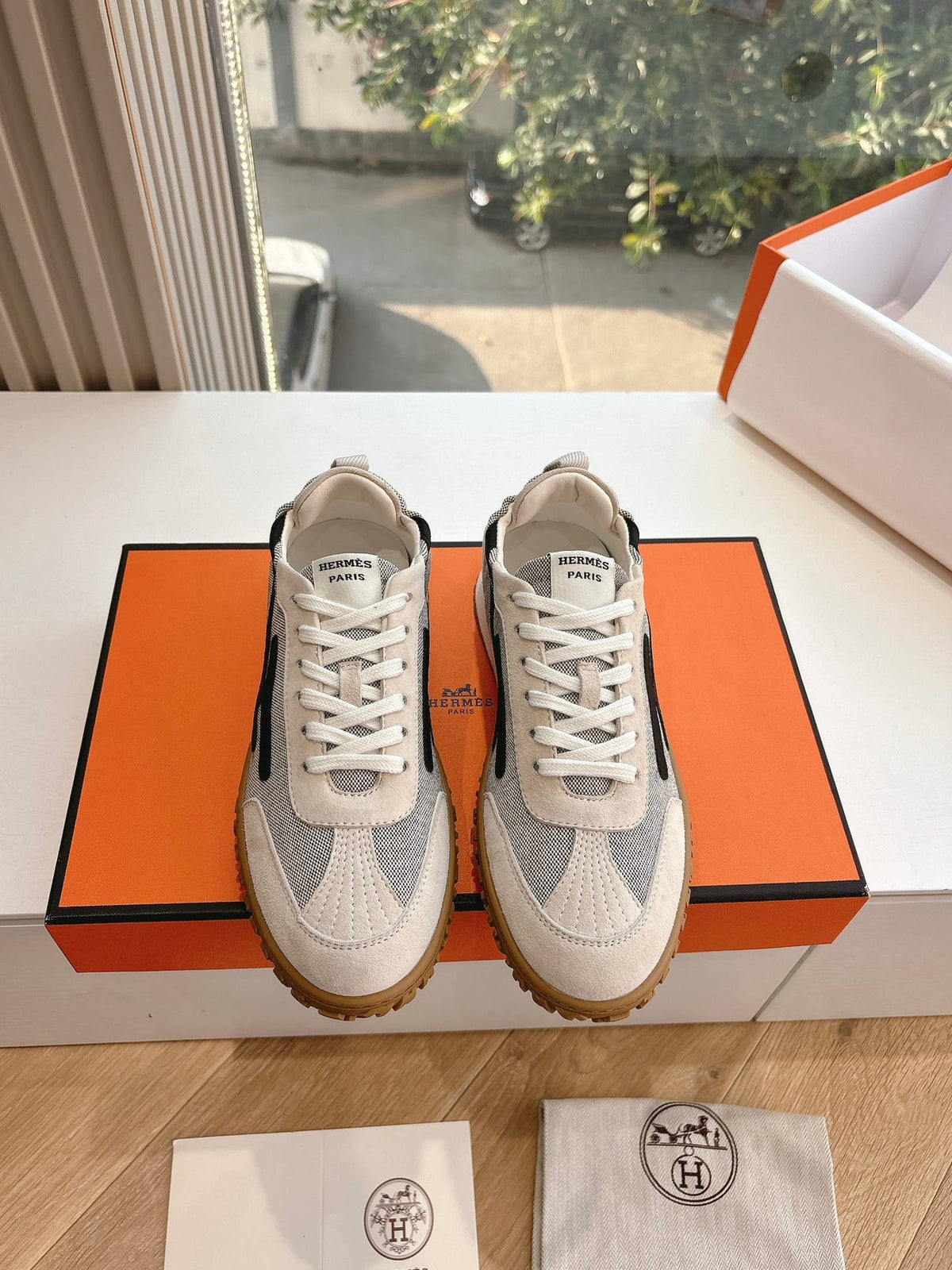 Hermes Women White Suede And Mesh Sneakers