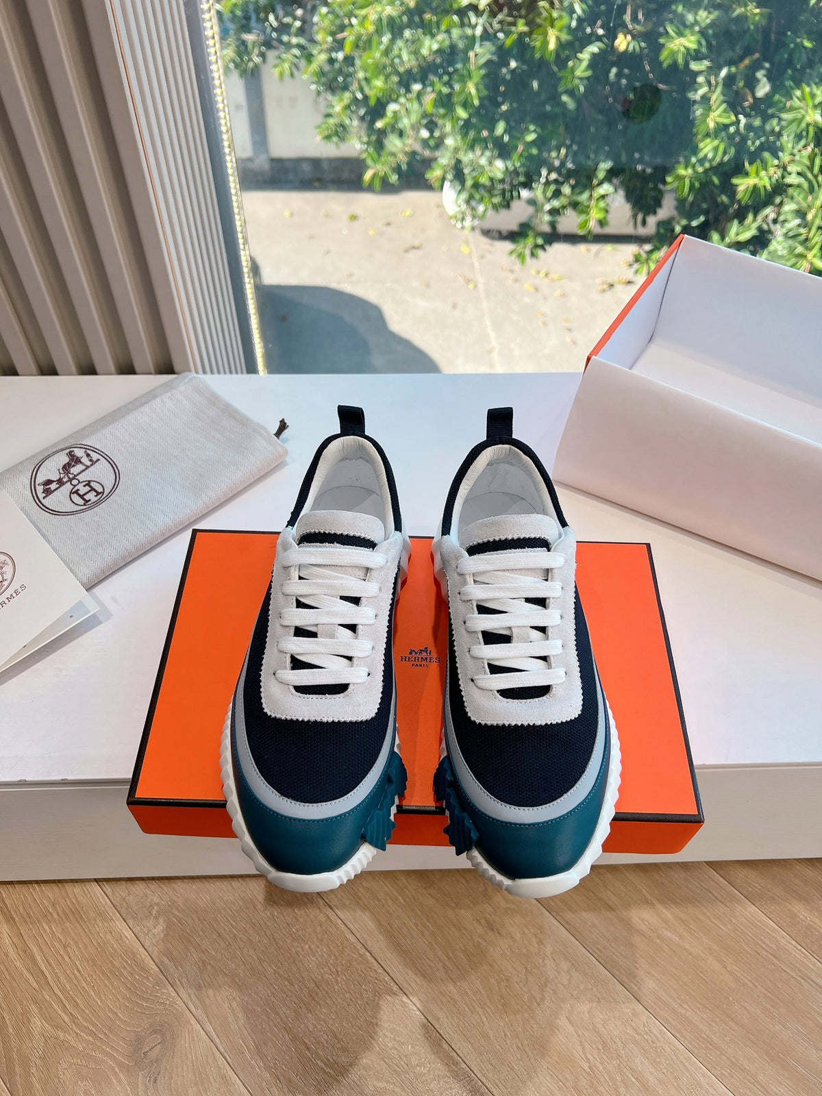 Hermes Women Navy Blue White Mesh Sneakers
