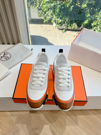 Hermes Women White Brown Leather Mesh Sneakers
