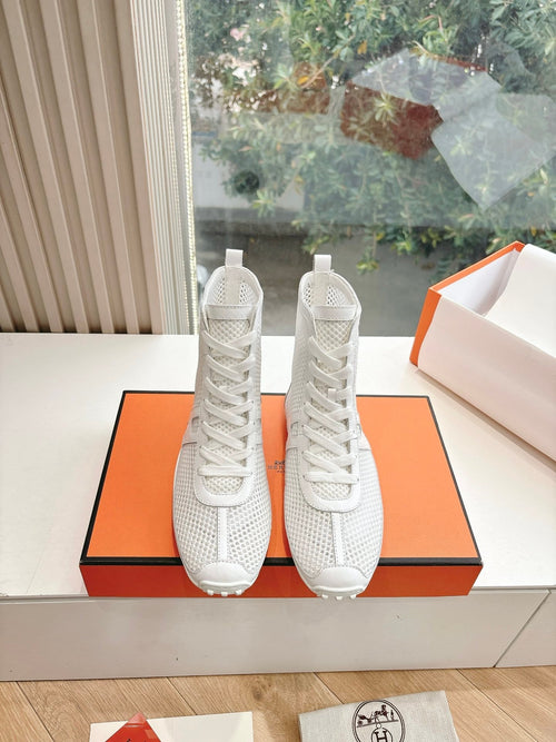 Hermes Women White Mesh Leather Sneakers