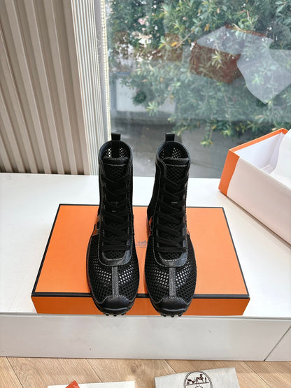 Hermes Women Black Mesh And Leather Boots
