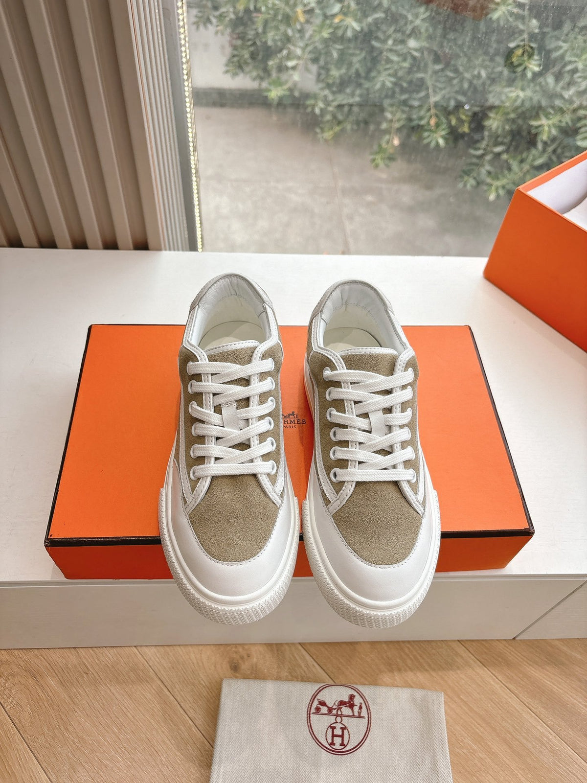 Hermes Women Beige Suede White Leather Sneakers