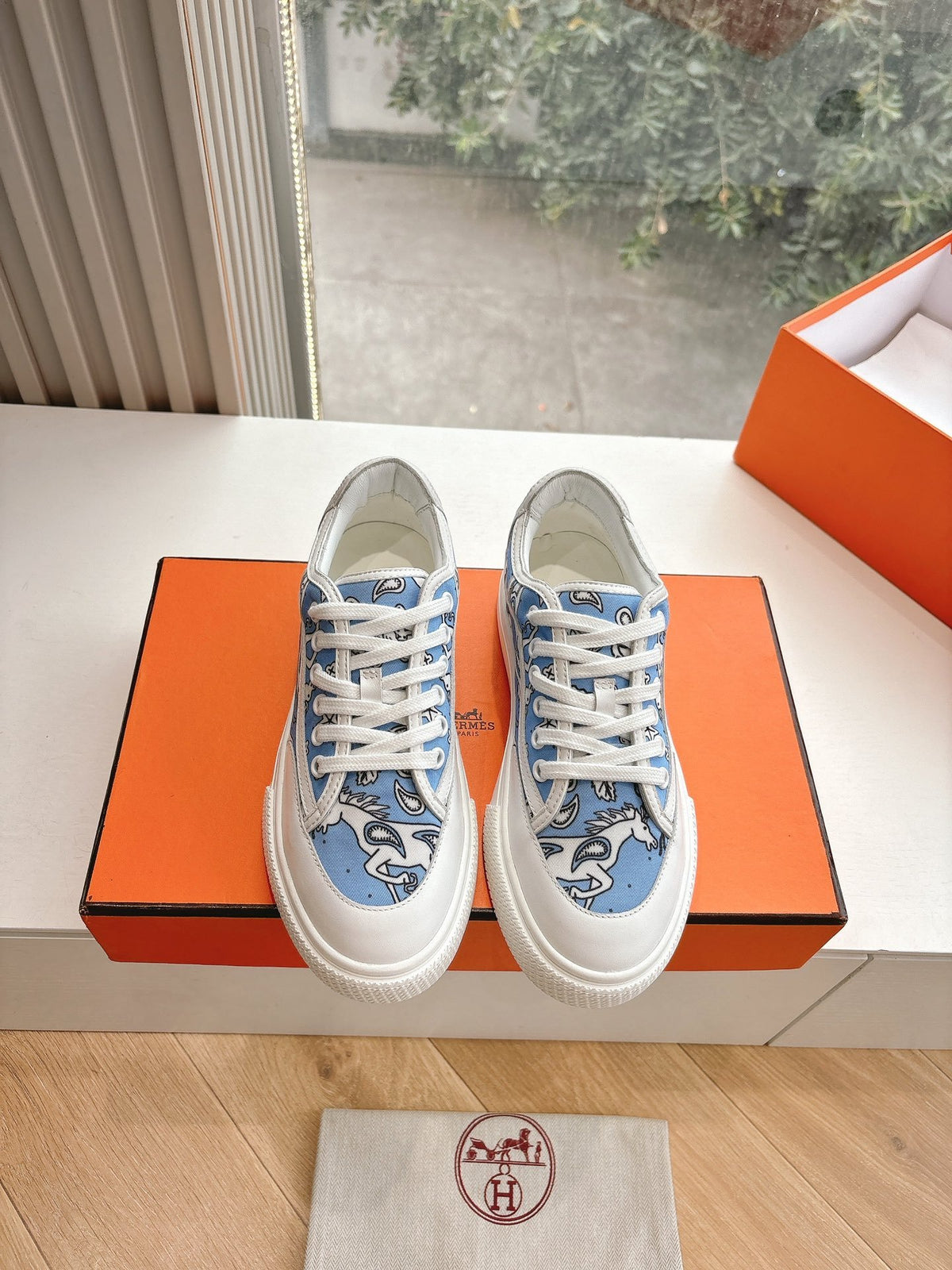 Hermes Women Light Blue Canvas And White Sneakers