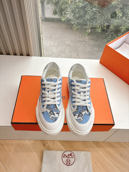 Hermes Women Light Blue Canvas And White Sneakers